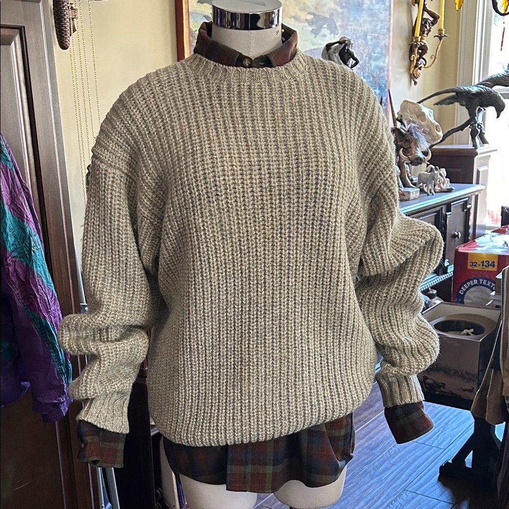Polo Ralph Lauren Vintage Sz XL Wool Heavyweight Grey Crew Fisherman Sweater GVC